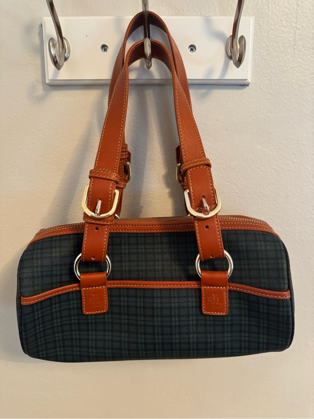 Lauren Ralph Lauren Y2K Tartan Plaid Barrel Bag Cognac Leather Satchel LRL